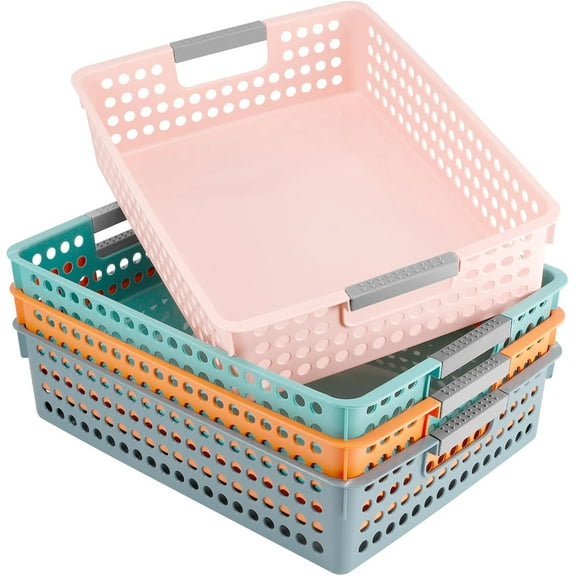 4 Pack Turn in Trays Classroom,Paper Trays for Classroom,Plastic Desktop Paper Storage Baskets with Handles,Colorful Paper Organizer Baskets for Library,Office,Home (4 Colors-A)