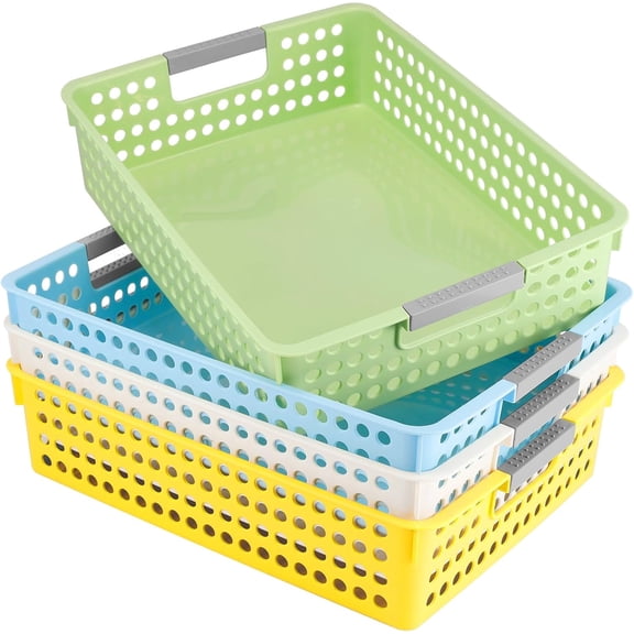 4 Pack Turn in Trays Classroom, Plastic Desktop Paper Storage Baskets with Handles, Colorful Paper Organizer Baskets for Library, Office, Home (4 Colors-B)