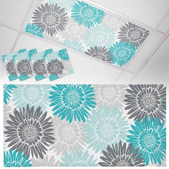 4 Pack Turquoise Gray Sunflowers Fluorescent Light Covers for Ceiling Lights Abstract Blooming Floral Rustic Magnetic Ceiling Light Covers Overhead Light Filters for Office Classroom Home