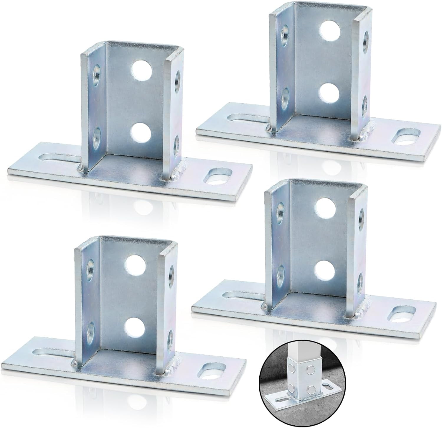 4 Pack U Post Base, 2 Slotted Hole Strut Mounts for 1-5/8'' Square Single Channel, Heavy Duty Galvanized Steel Fence Ground Mounting Brackets for Rack Mount Track System