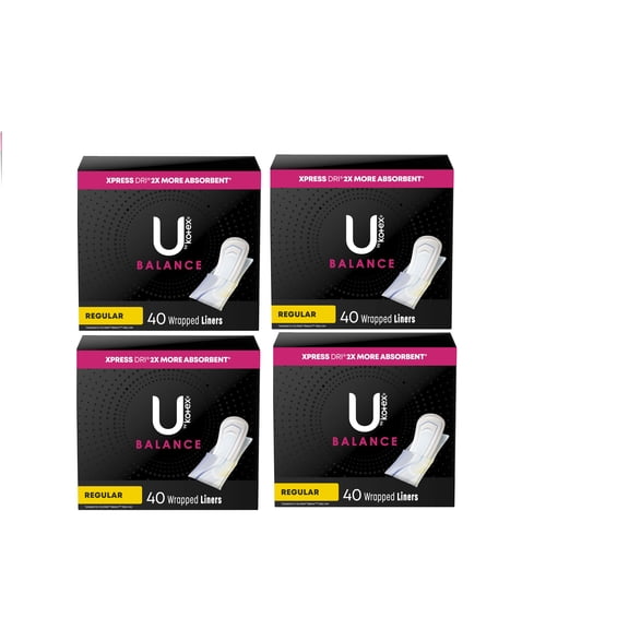 (4 Pack) U by Kotex Balance Wrapped Panty Liners, Regular Length, 40 Count