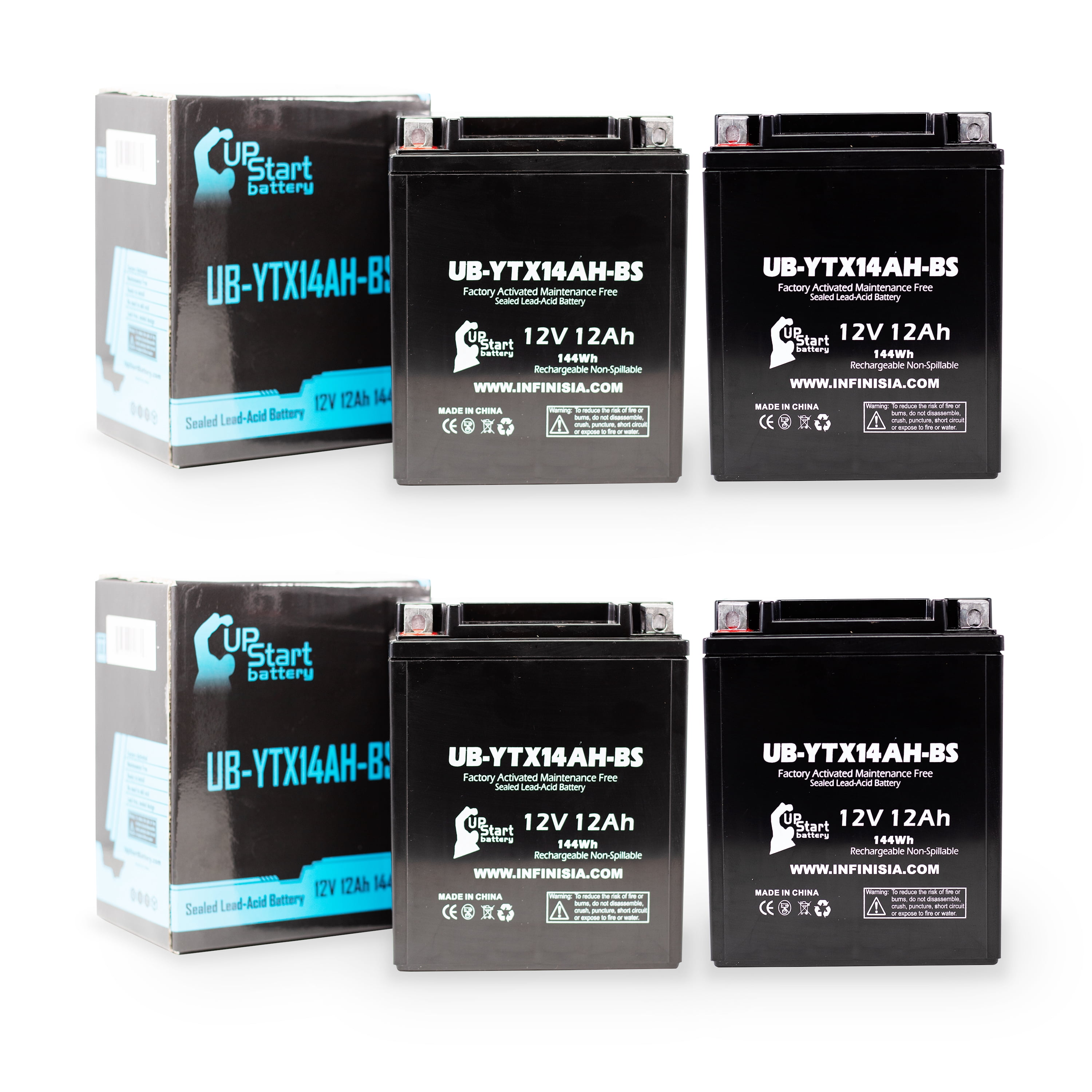 4-Pack UB-YTX14AH-BS Battery Replacement for 1990 Yamaha YFM250 Moto 4 250 CC ATV - Factory Activated, Maintenance Free, Motorcycle Battery - 12V, 12AH, UpStart Battery Brand