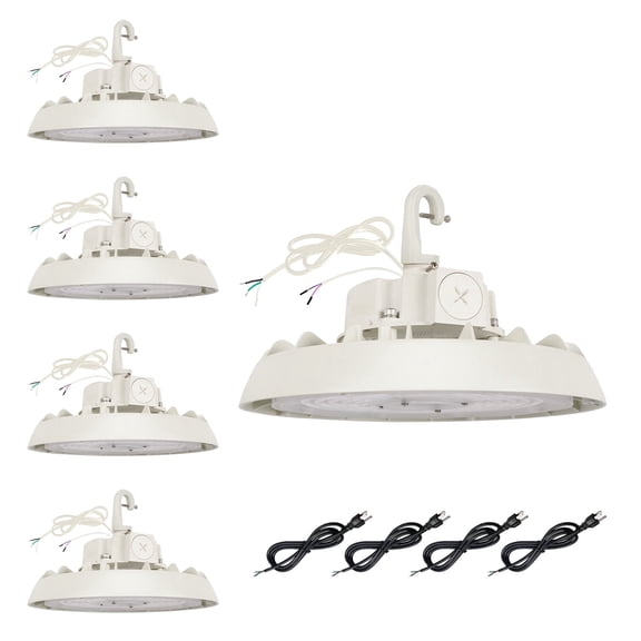 4 Pack UFO LED High Bay Light, 100/120/150W, 14000/17500/21000LM, 2CCT 4000K/5000K, 0-10V Dimmable High Bay LED Shop Lights for Gym Factory Warehouse, Hook, 6' Cable, UL & DLC Listed