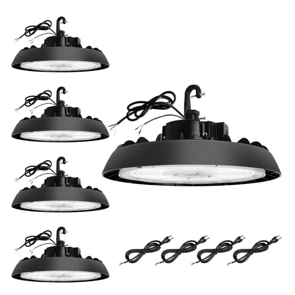4 Pack UFO LED High Bay Light, 100/120/150W, Up to 21000LM, 2CCT 4000K/5000K, 0-10V Dimmable High Bay LED Shop Lights for Gym Factory Warehouse, Hook,6' Cable Selectable, UL & DLC Listed