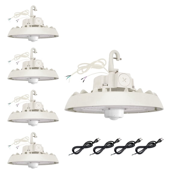 4 Pack UFO LED High Bay Light With Motion Sensor, 100/120/150W, Up to 21000LM, 2CCT 4000K/5000K, 0-10V Dimmable High Bay LED Shop Lights for Gym Factory Warehouse, Hook,6' Cable Selectable, UL & DLC