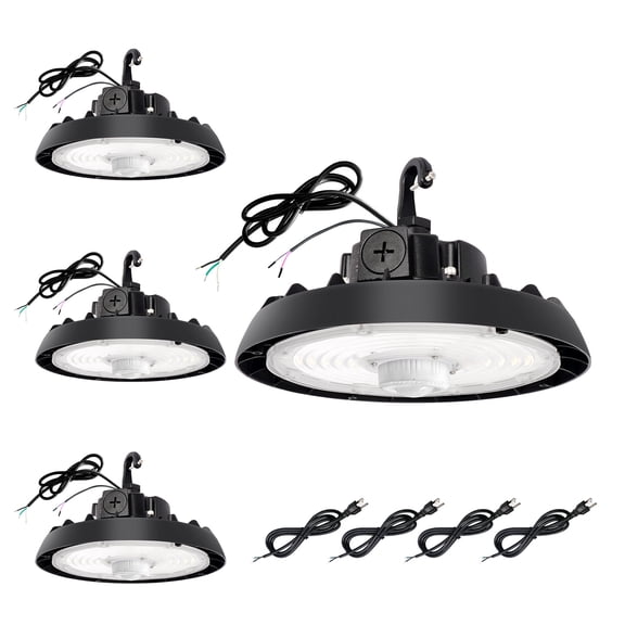 4 Pack UFO LED High Bay Light With Motion Sensor, 100/120/150W, Up to 21000LM, 2CCT 4000K/5000K, 0-10V Dimmable High Bay LED Shop Lights for Gym Factory Warehouse, Hook,6' Cable Selectable, UL & DLC