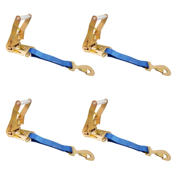 4 Pack USA Heavy Duty 2" Ratchet Replacement Fixed Short End Strap w/ Flat Snap Hook, Blue