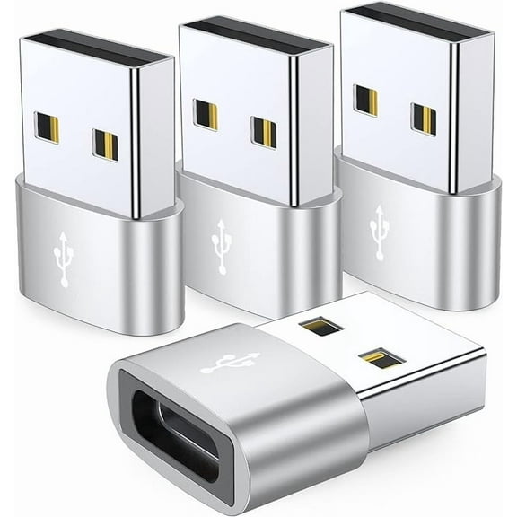 4 Pack USB C Female to USB Male Adapter, Type C to USB A Charger Cable Converter,Compatible with iPhone 11/12/13/14/15 Plus Pro Max,iPad Pro Air 4 Mini 6,Samsung Galaxy S24 S23 S22 S21,Pixel XL,Silver