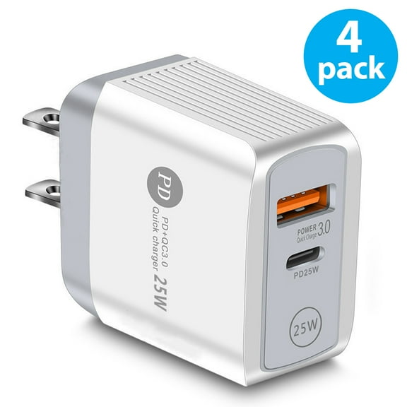 4-Pack USB-C PD Fast Wall Charger, 25W Dual-Port USB Type-C/QC 3.0 Wall Power Adapter Compatible with iPhone 14/13/12/Mini/Pro Max, iPad Pro, Samsung Galaxy S23 S22 S21 S20 Ultra Note20