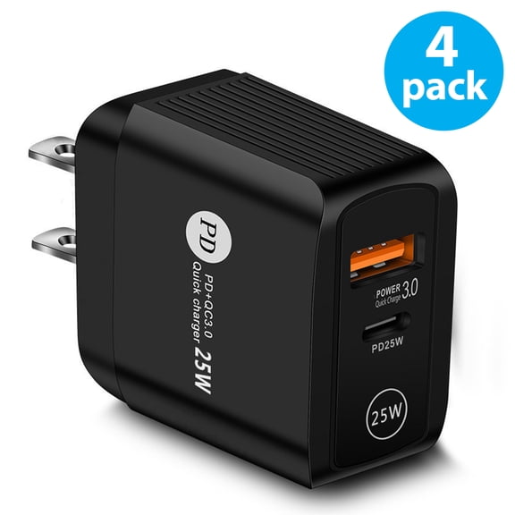 4-Pack USB-C PD Fast Wall Charger, 25W Dual-Port USB Type-C/QC 3.0 Wall Power Adapter Compatible with iPhone 14/13/12/Mini/Pro Max, iPad Pro, Samsung Galaxy S23 S22 S21 S20 Ultra Note20, Black