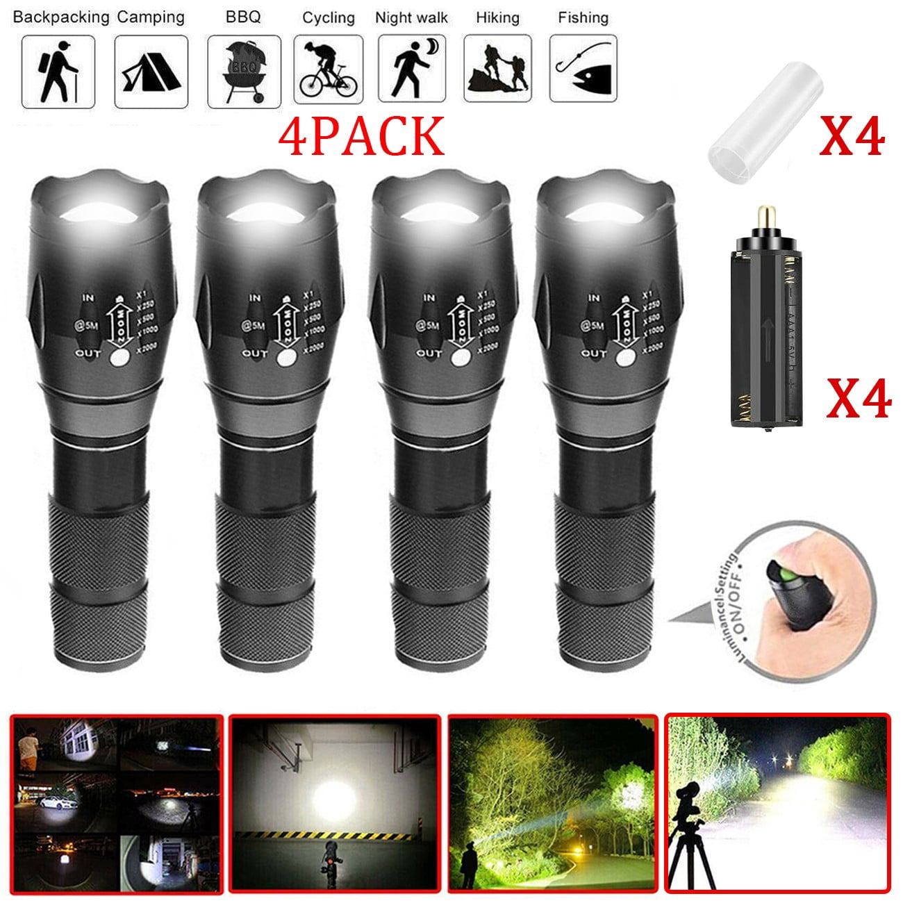4 Pack USB Rechargeable LED Flashlight Adjustable Focus Outdoor 5-Modes Flashlight (Not included Battery)