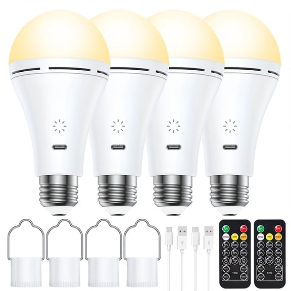 4 Pack USB Rechargeable Light Bulbs With Remote, Dimmable And Timer, 3 Color TemperatureLED Dimmable Battery Powered Light Bulbs, E26 9W Touch Control Emergency LightBulb With Hook, 2000mah