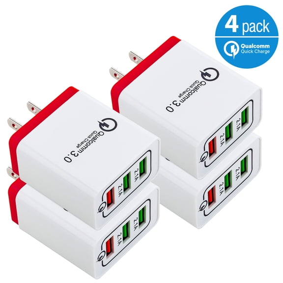 4-Pack USB Wall Charger 30W 3-Ports with Quick Charge 3.0, Wall Charger Adapter, Fast Charging for Samsung Galaxy S23/S22/S21/S20/S10/S9/S8 Ultra, iPhone 14/13/12/11 Pro Mini, X/Xs, White/Red
