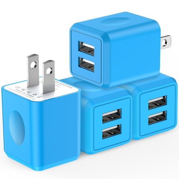 4-Pack USB Wall Charger, FiveBox 2.1A Dual USB Port Wall Power Plug Adapter Cube, Fast Phone Charger Block Charging Box Brick Compatible for iPhone, Samsung Galaxy, Android(Blue)