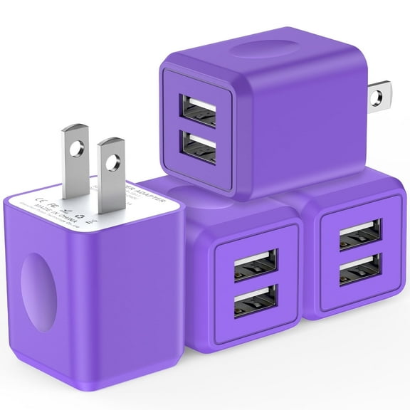 4-Pack USB Wall Charger Block, FiveBox 2.1A Dual USB Port Wall Power Plug Adapter Cube, Fast Phone Charging Block Charging Box Brick Power Base Charging Station Phone Charger(Purple)