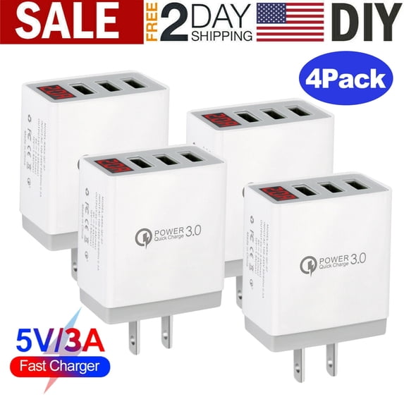 (4 Pack) USB Wall Charger W/ LED Digital Display, 3-Port Quick Charger 3.0 Plug Fast Charging USB Hub Power Adapter for iPhone 11 Pro XS Max XR X 8 7 6S Plus, Samsung Galaxy S8/S9/S10/S20 Note 10, LG