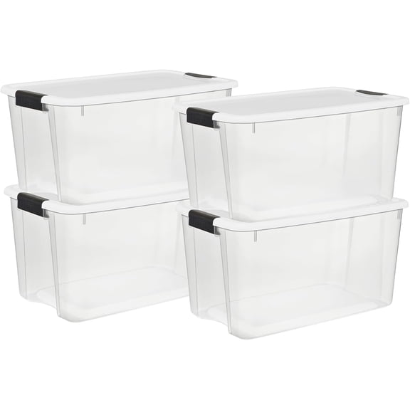 4-Pack Ultra Latching Box, Storage Bins with Lids, Clear Plastic, 70 Quart - Heavy-Duty Organizing Containers for Closet, Bathroom, and Office