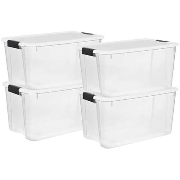 4 Pack Ultra Latching Box, Storage Bins with Lids, Clear Plastic, 70 Quart - Heavy-Duty Organizing Containers for Closet, Bathroom, and Office