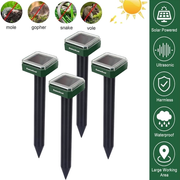 4 Pack Ultrasonic Mole Repellent Solar Powered Sonic Mole Deterrent Spikes,Snake Gopher Vole Repellent for Lawn Garden & Yard,Groundhog Repeller