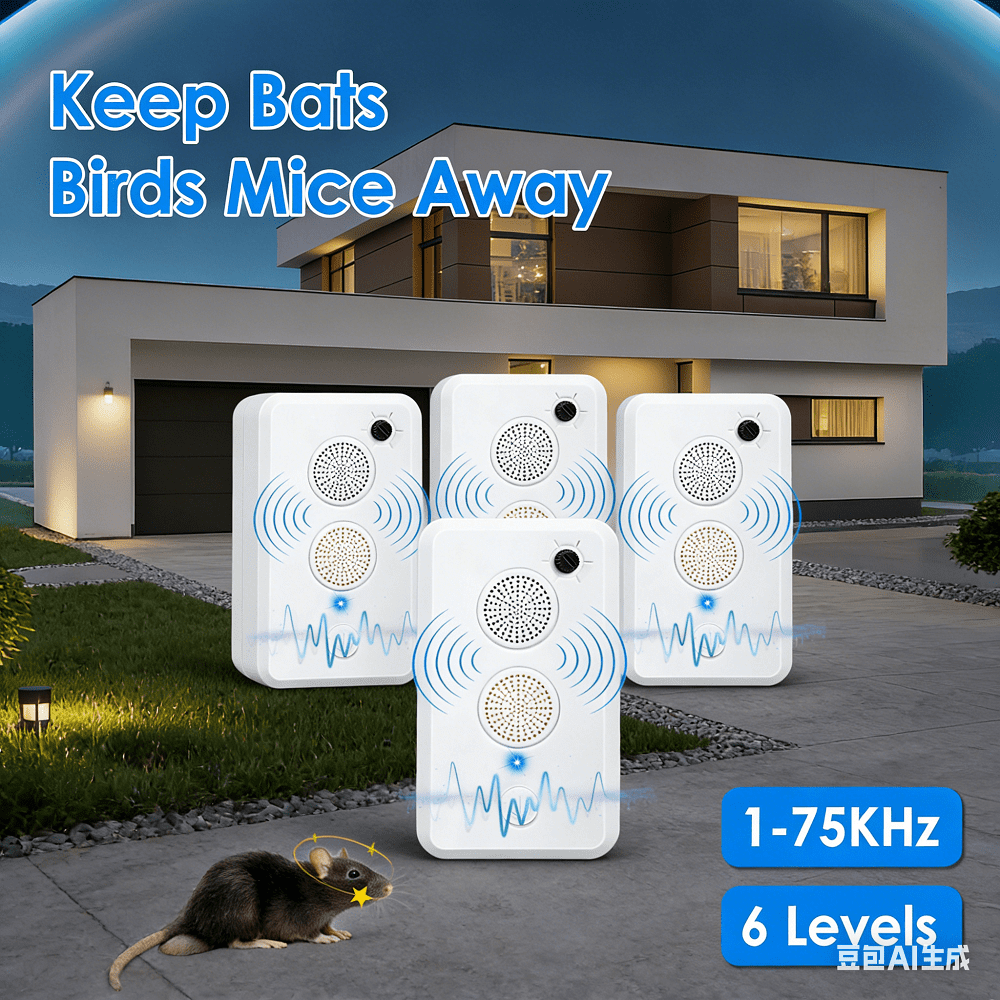 4 Pack Ultrasonic Pest Repeller Adjustable 1 to 75KHz Dual Speaker Animal Deterrent Rechargeable 950mAh Battery Pest Control Device for Bats Birds Mice Indoor Outdoor Garage Attic Patio Pest Repel