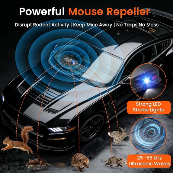 4-Pack Ultrasonic Rodent Repellent for Car Engines, Battery-Powered Mouse Repeller with Flashing Strobe Light for Car, RV, Garage & Home