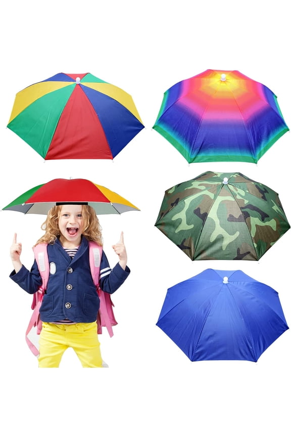 4 Pack Umbrella Hats, 20.5" Hands-Free Head Umbrella Hats for Kids, Folding Waterproof Umbrella Cap With Head Strap for Outdoor Party Fishing Sun Rain Beach Golf Hiking