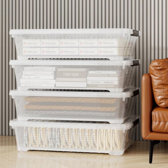 4-Pack Under Bed Storage Bins with Lids, Clear Plastic Organizer Boxes for Clothes Quilts