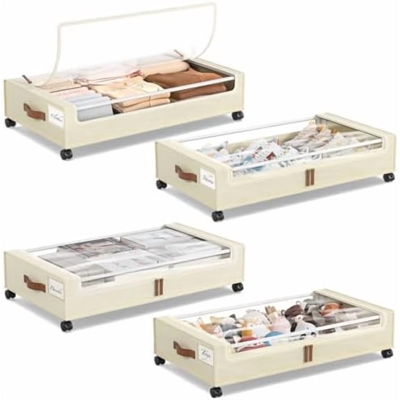 4-Pack Under Bed Storage with Wheels & Lids - Large Rolling Drawers with Clear Window & Label for Clothes, Blankets, Books (Beige)