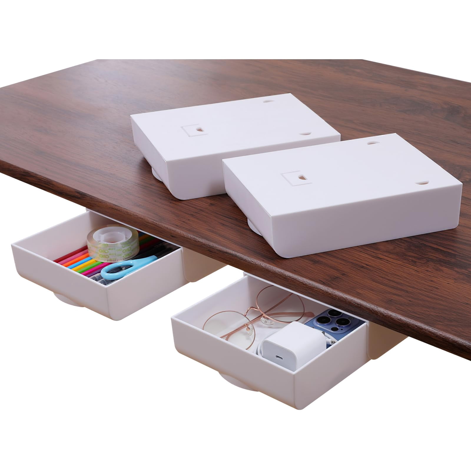 4 Pack Under Desk Drawer Self-adhesive Desktop Storage Organizer  Attachable Slide Out Table Tray For Pencil Pen Stationery Office Organization White