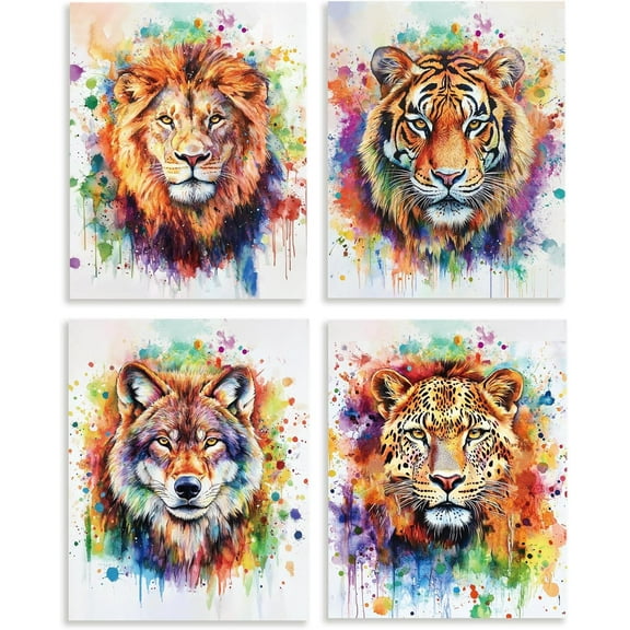 4 Pack Unframed Waterproof Colorful Animal Head Decors Canvas Wall Art Lion Tiger Wolf 8 x 10 Inch Canvas Wall Posters for Living Room Bedroom Office Decor