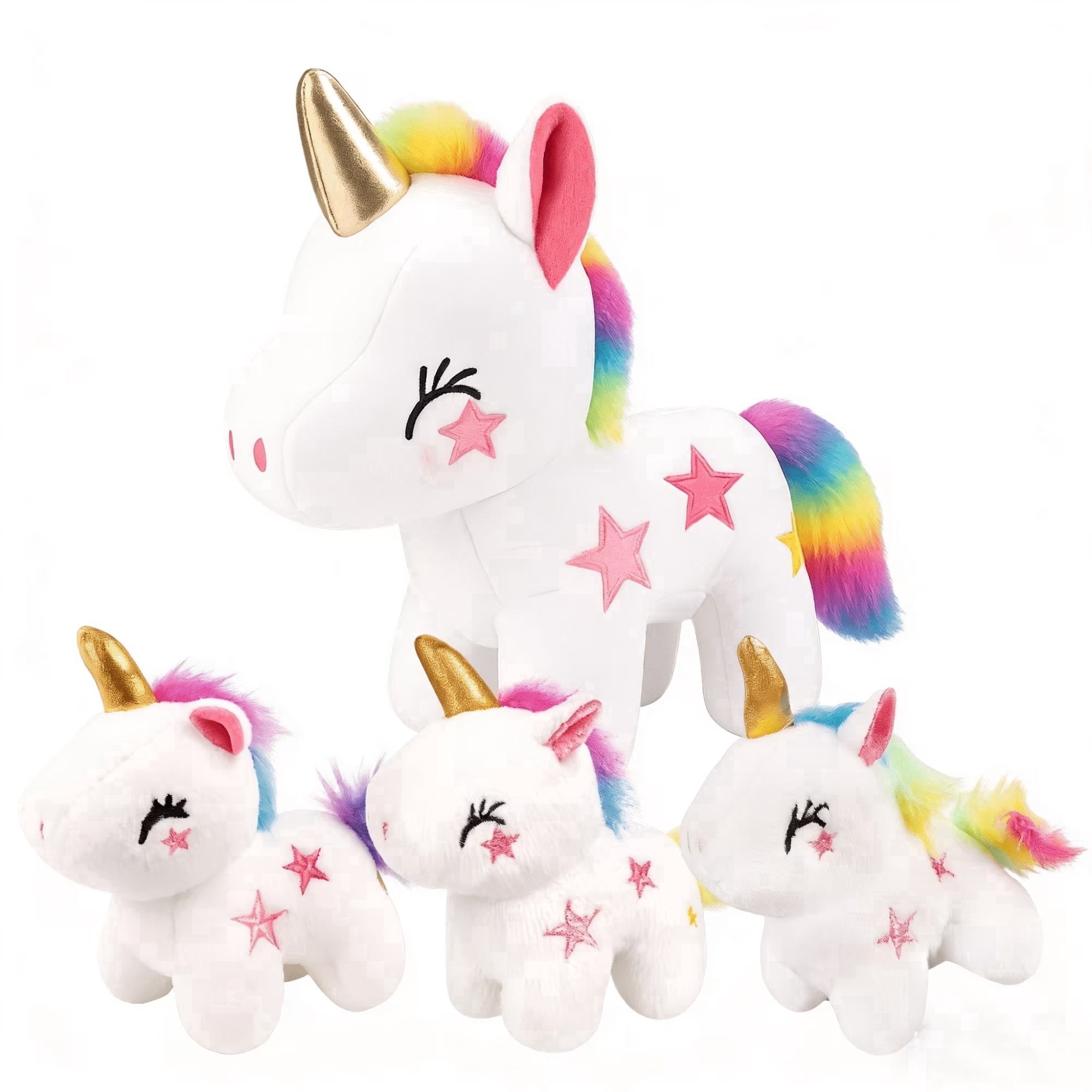 Dolizu 4-Pack Unicorn Plush Set: 1 large 11.8in + 3 small 4in unicorns. Ideal for kids’ play, bedtime and gifts for all ages.