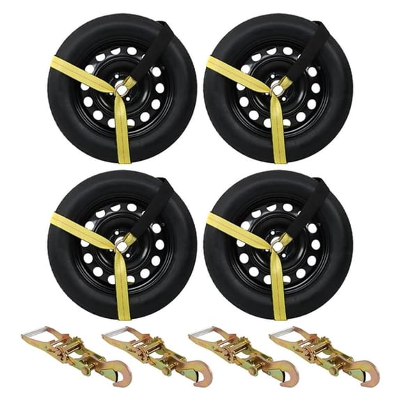 4 Pack Universal Yellow Tie Down with Snap Anchors Lasso Style Wheel Chock Tie Down Strap Kit 3,300 Pound Working Load 2 Inch x 96 Inch