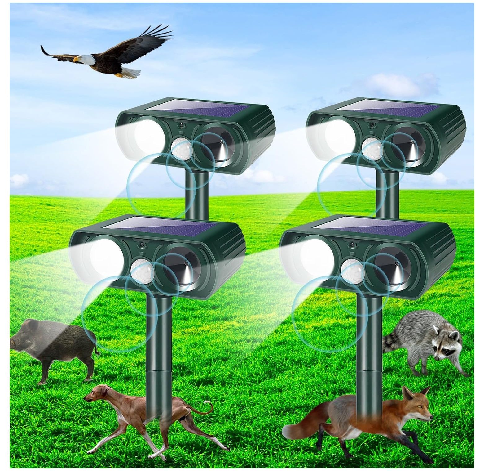 4 Pack Upgraded Ultrasonic Animal Outdoor Solar Animal Repeller