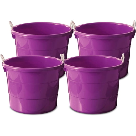 4-Pack Utility Tub, Large Plastic Storage Bucket with Rope Handles, 17 Gallon, Purple - Portable Indoor and Outdoor Buckets for Kitchen, Laundry, Garden, Bathroom, and Garage Organization