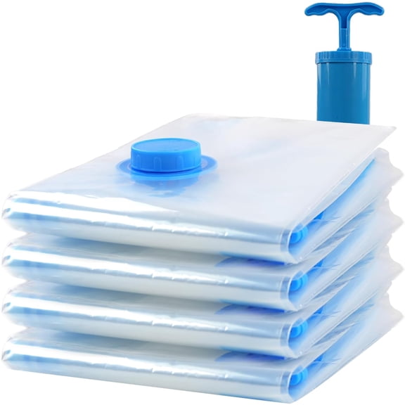 4 Pack Vacuum Storage Bags with Hand Pump, Cordless Travel Compression Bag Set for Clothing, Blankets, Pillows, Space Saver for Moving and Organization