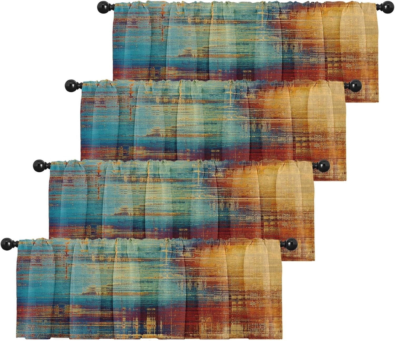 4 Pack Valances Window Treatments, Blue and Orange Vintage Abstract Messy Rust Painting Blackout Drapes Adjustable Curtain Valances 18x52 Inch for Windows Living Room Kitchen