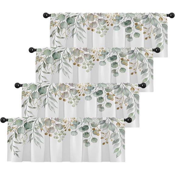 4 Pack Valances Window Treatments, Green Eucalyptus Leaves Summer Blackout Adjustable Valances for Living Room Bathroom Bedroom Kitchen Over Sink, 52x18 Inch Rod Pocket