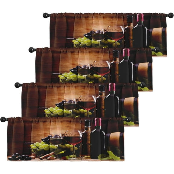 4 Pack Valances Window Treatments, Red Wine and Grapes Blackout Black Vintage Adjustable Valances for Living Room Bathroom Bedroom Kitchen Over Sink, 18x52 Inch Rod Pocket Valances