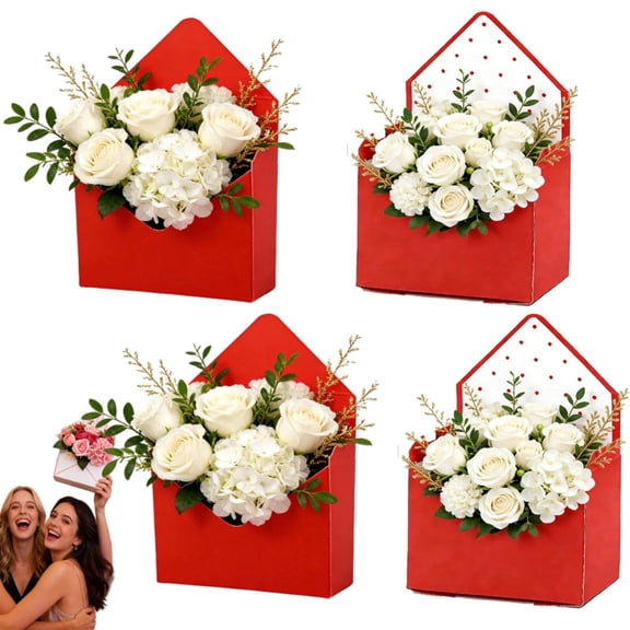 4 Pack Valentine Envelope Boxes, Valentine Envelope Gift Box, Red Envelope Box, Valentines Day Flower Bouquet Package Gift Folding Paper Boxes for Wedding Birthday Festival Party Decoration (Red)