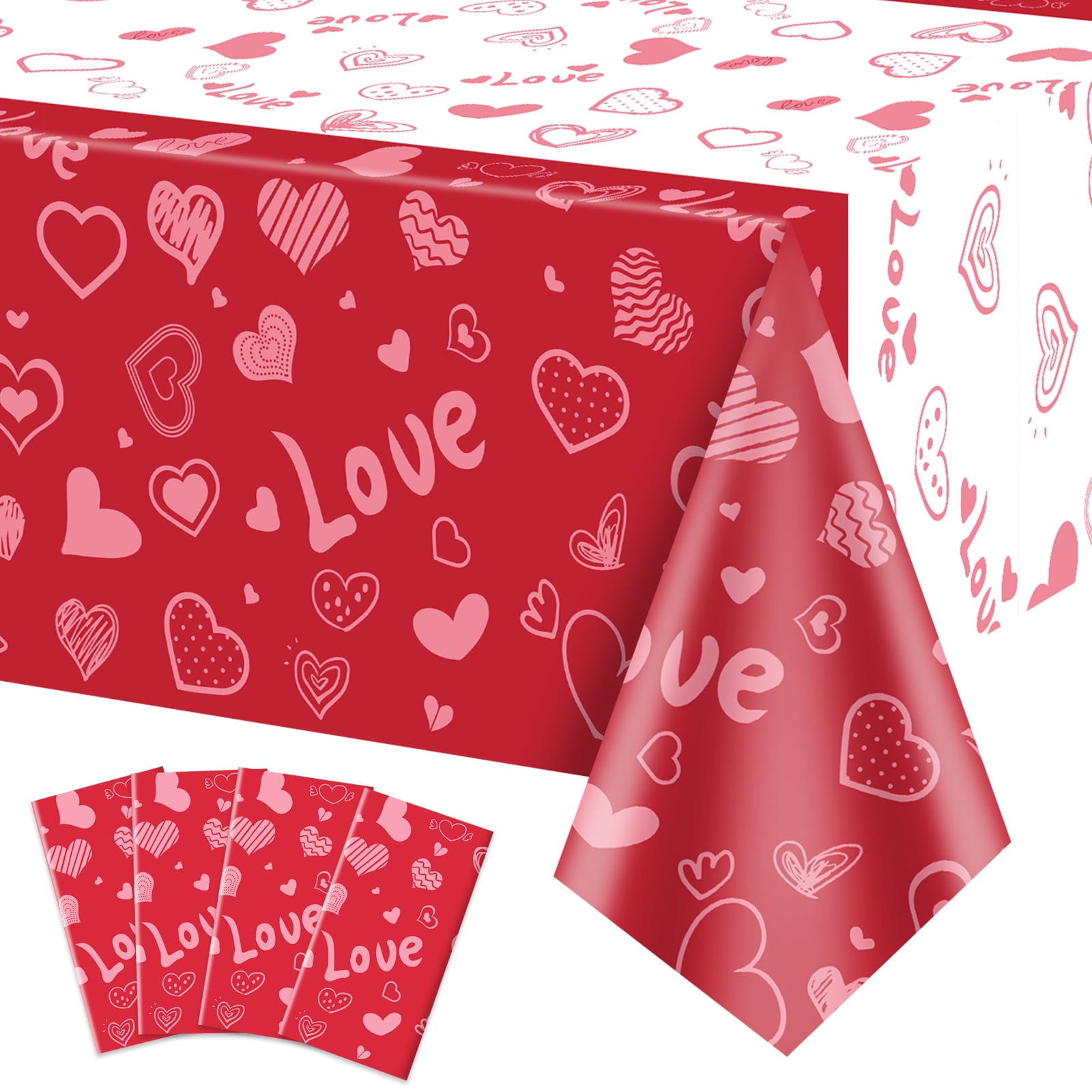 4 Pack Valentines Day Tablecloths, 51x87'' Red Heart Shape Valentines
