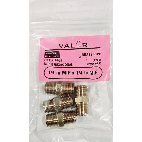 4 Pack- Valor 1206-4P Solid Brass Pipe Fitting, 1/4" x 1/4" NPT Male, Hex Nipple