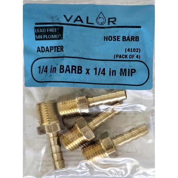 4 Pack- Valor 4102-4B Brass 1/4" Barb x 1/4" MIP Adapter Hose Fitting for Air/Gas/Fuel/Oil