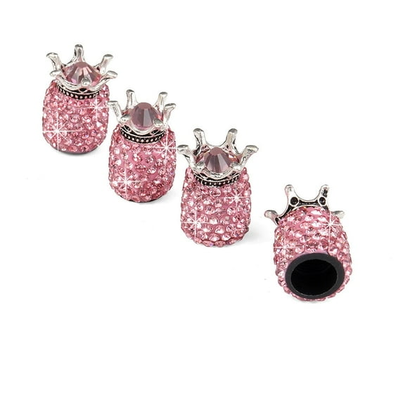 4 Pack Valve Stem Caps, Trianu Handmade Crown Bling Crystal Rhinestone Car Wheel Tire Valve, Attractive Dustproof Car Accessories, Universal Stem Air Caps Covers for Most Vehicles (Pink)