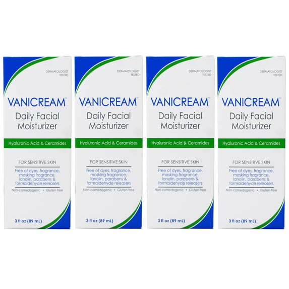 4 Pack - Vanicream Daily Facial Moisturizer For Sensitive Skin, Hyaluronic Acid & Ceramides 89 ml / 3 oz