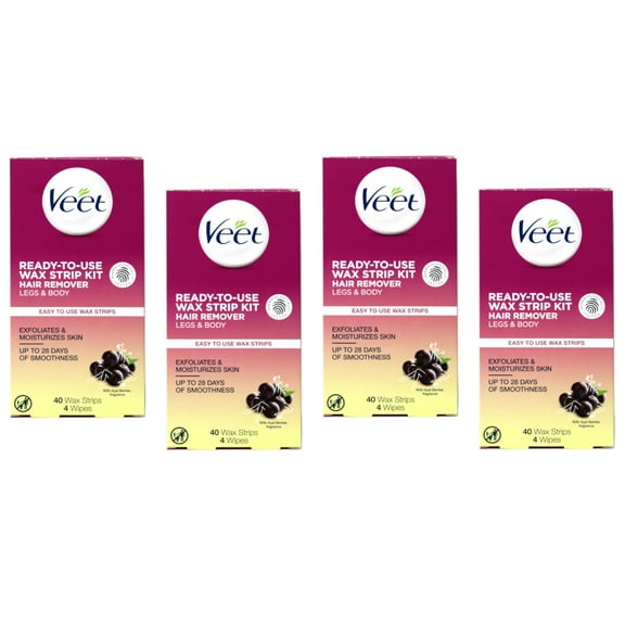 4 Pack Veet Ready to Use Wax Strip Kit Hair Remover Legs & Body 40 Strips Each