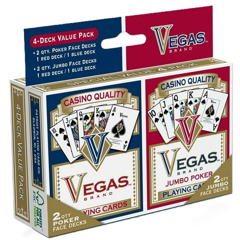 4 Pack Vegas Brand Premium Paper Playing Cards- 2 Jumbo Size