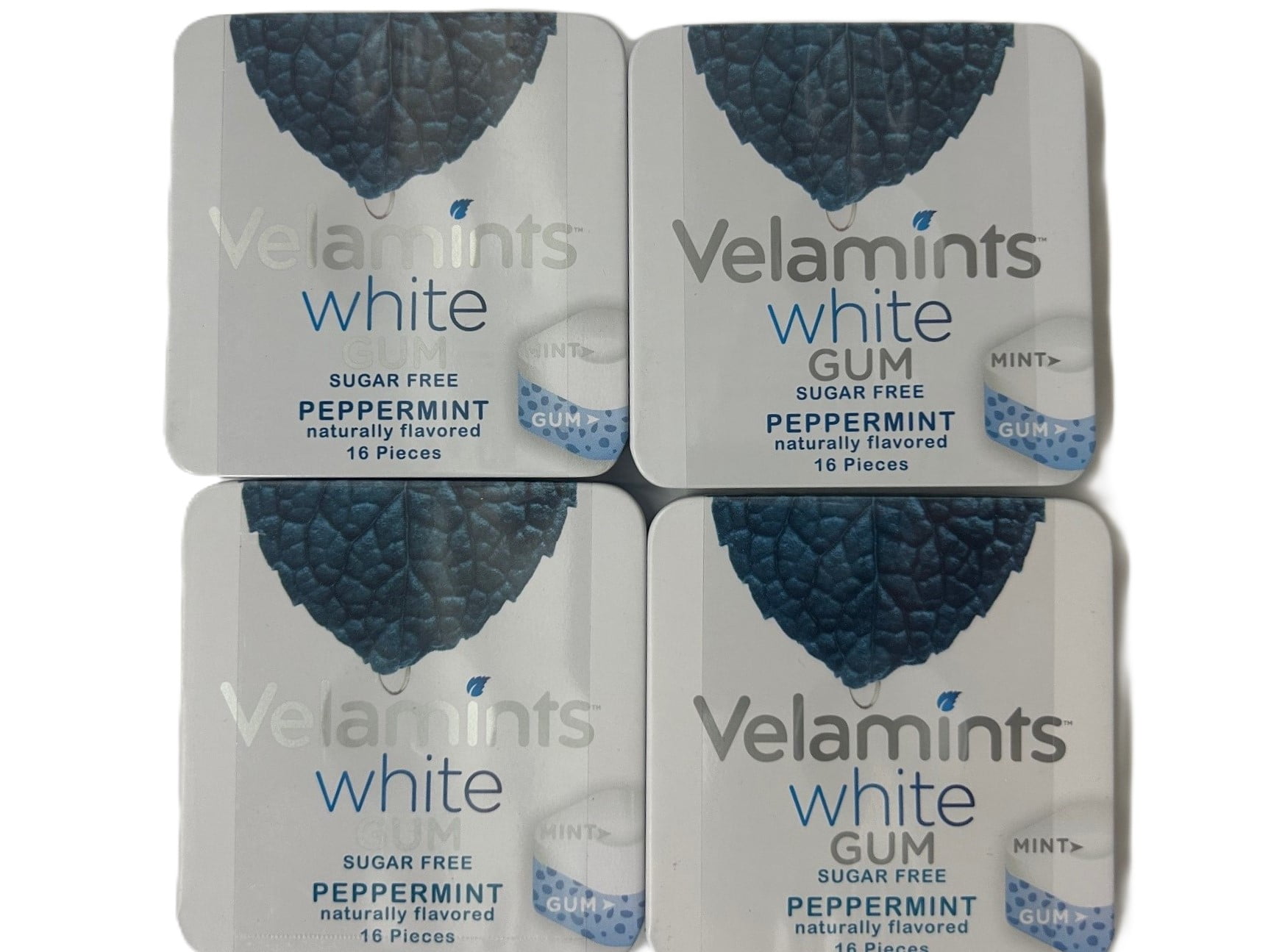 4-Pack Velamints White Gum – Sugar-Free Peppermint, Naturally Flavored, 16 Pieces Per Box