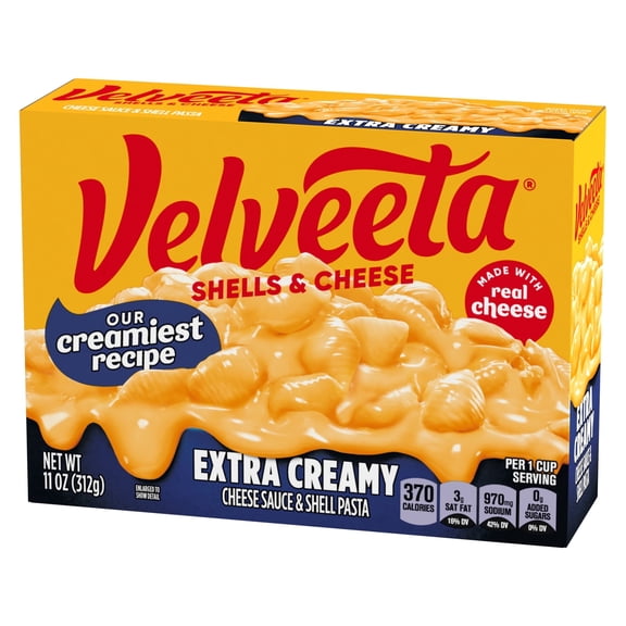 (4 Pack) Velveeta Shells and Cheese Extra Creamy Mac and Cheese, 1 Box, for Easy Dinner or Dinner Sides, Extra Creamy, Made with Real Cheese, 11 oz