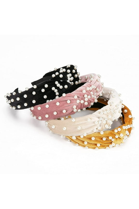 4 Pack Velvet Wide Headbands Knot Turban Hairband Vintage Head wrap with Faux Pearl Elastic Hair Hoops Fashion Hair Accessories f