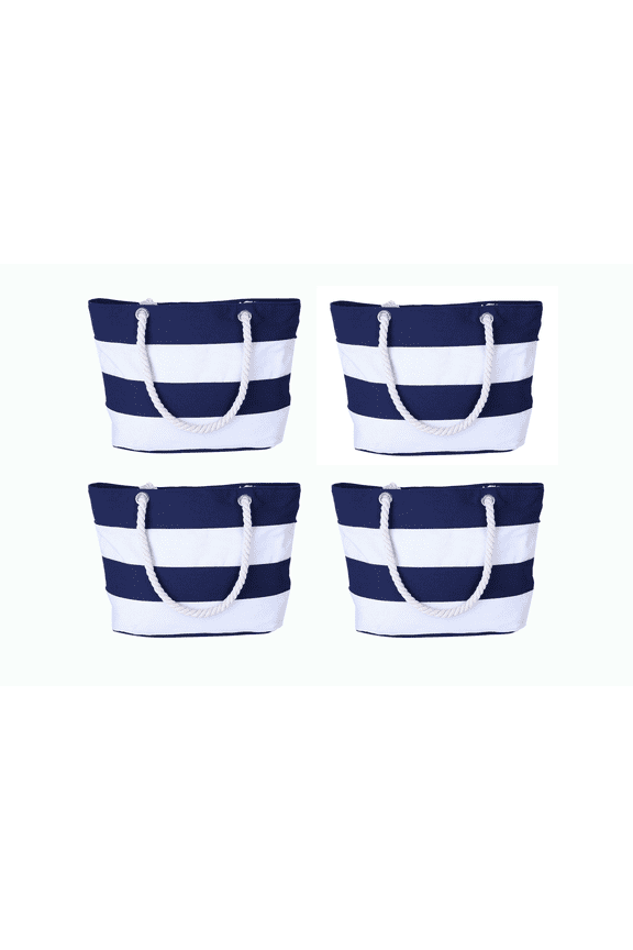 4 Pack Vibrant Navy & White Striped Beach Totes - Fun & Spacious Canvas Bags with Rope Handles for Beach Days, Picnics & Group Trips